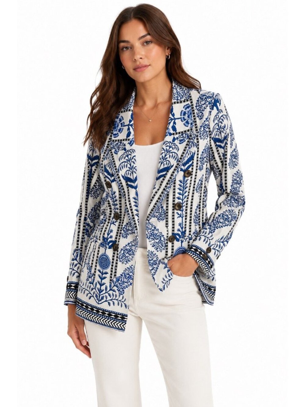 A LOVES A jacket blazer blue floral SMALL linen cotton double breasted resort